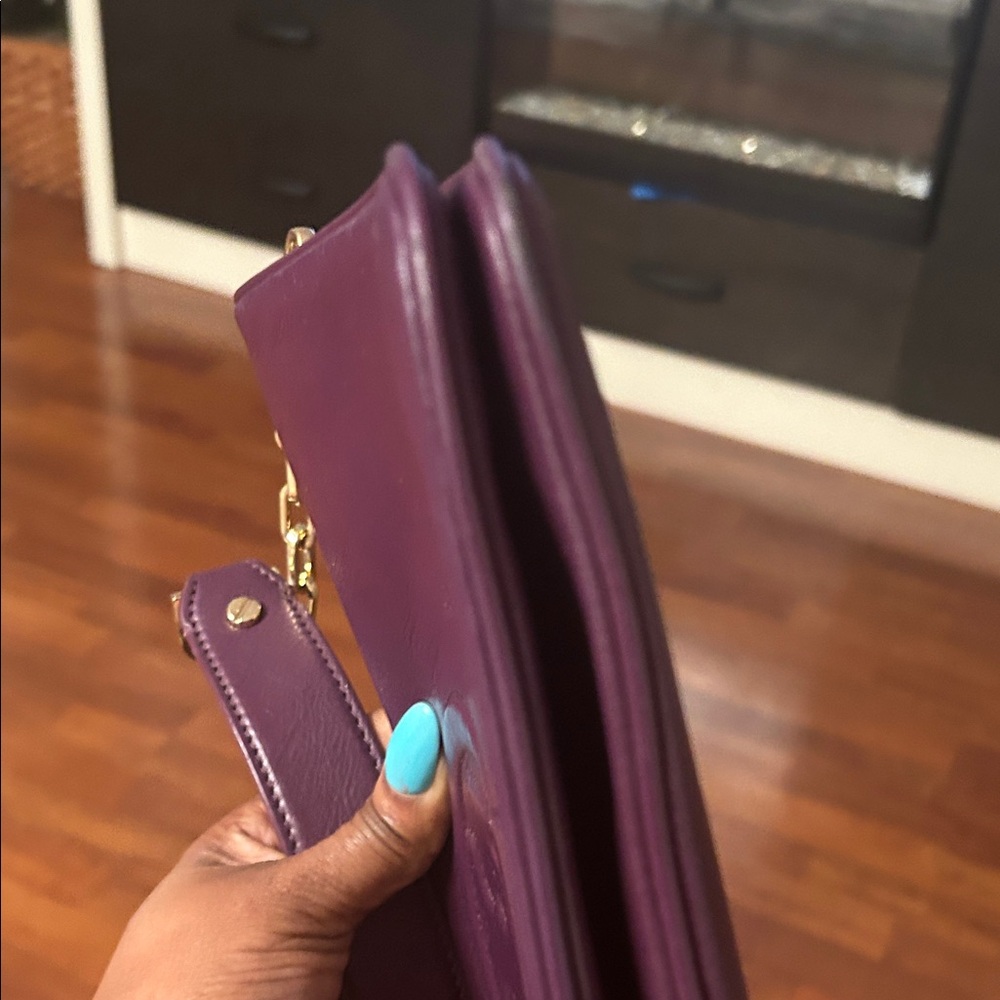 Tory Burch Plum/egg plant Leather Clutch with Gold Accents. - Picture 15 of 16